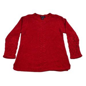 VTG 90s Denim & Co Chenille Velour L/S Top Sweater Cable Knit Lattice-Sleeve